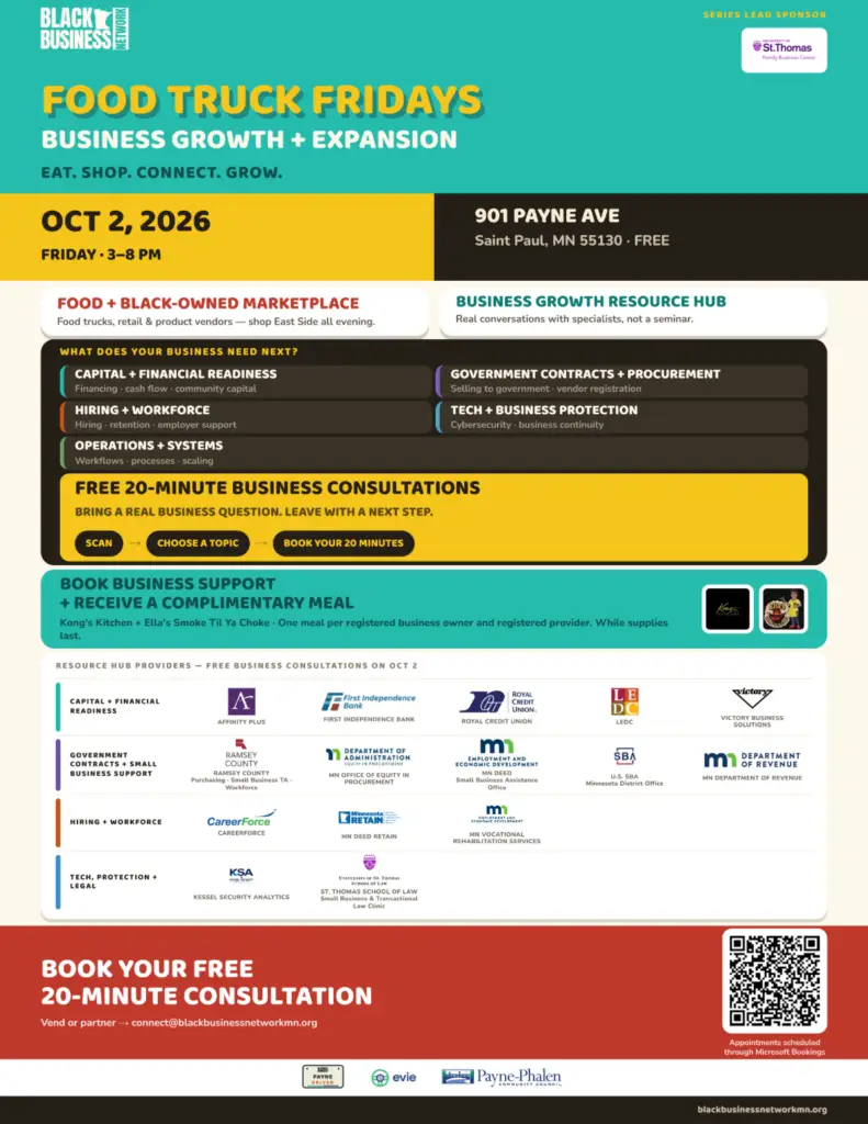 Food Truck Fridays Business Growth and Expansion on October 2, 2026 from 3-8 PM at 901 Payne Avenue, Saint Paul, featuring free 20-minute Business Growth Resource Hub consultations.