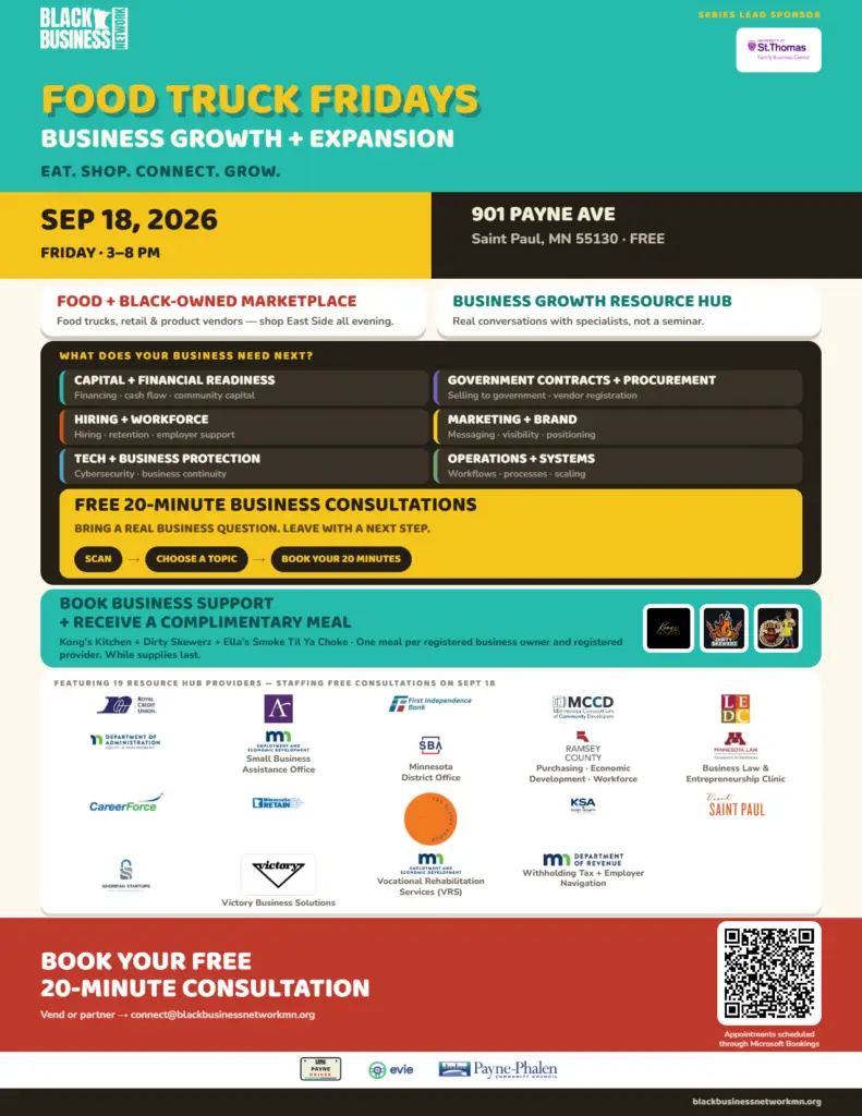 Food Truck Fridays flyer - Friday September 18 2026, 3-8 PM, 901 Payne Ave Saint Paul, free to attend. Business Growth + Expansion: free 20-minute business consultations with 19 resource providers.