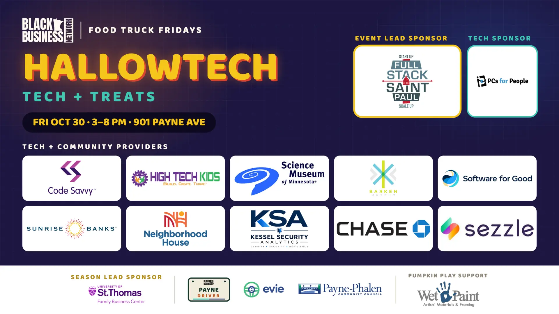HallowTech: Tech + Treats, Food Truck Fridays — Fri Oct 30, 3–8 PM, 901 Payne Ave. Event graphic with sponsor and provider logos.